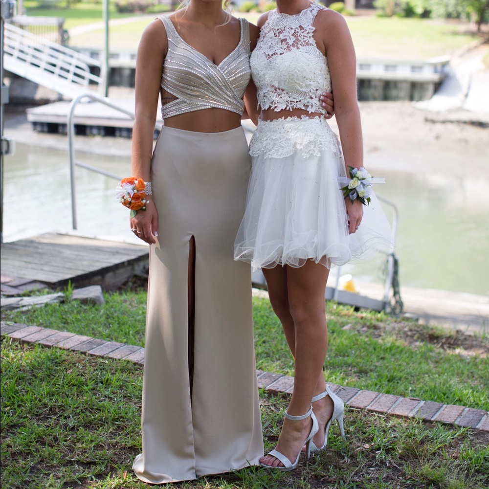 Beautiful long tan La Femme prom dress style 23653